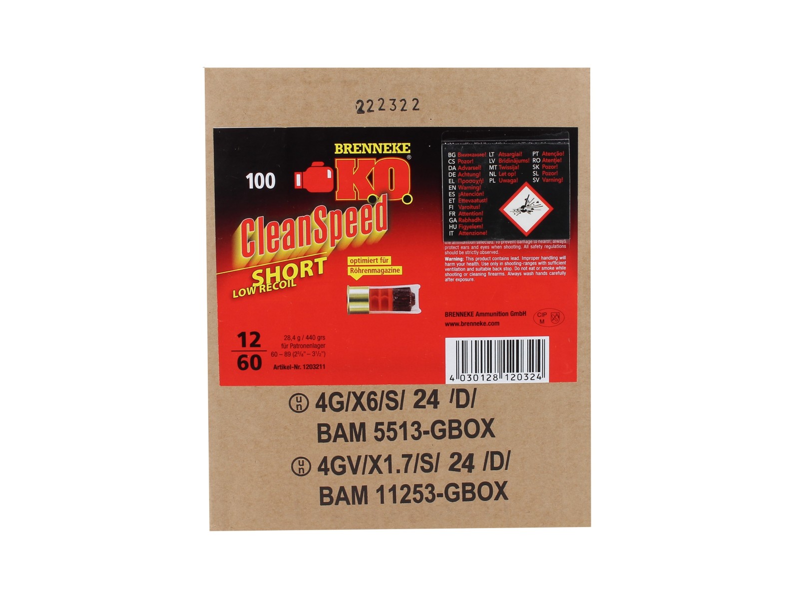 Cartuchos - Brenneke - CleanSpeed Short - 440 gr - 12/60 (x100)